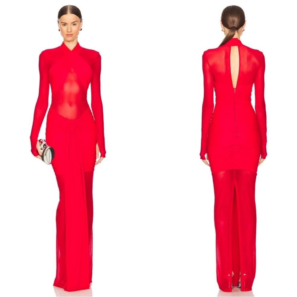 BRONX AND BANCO Julianna Long Sleeve Sheer Ruched Draped Red Maxi Gown Size XL